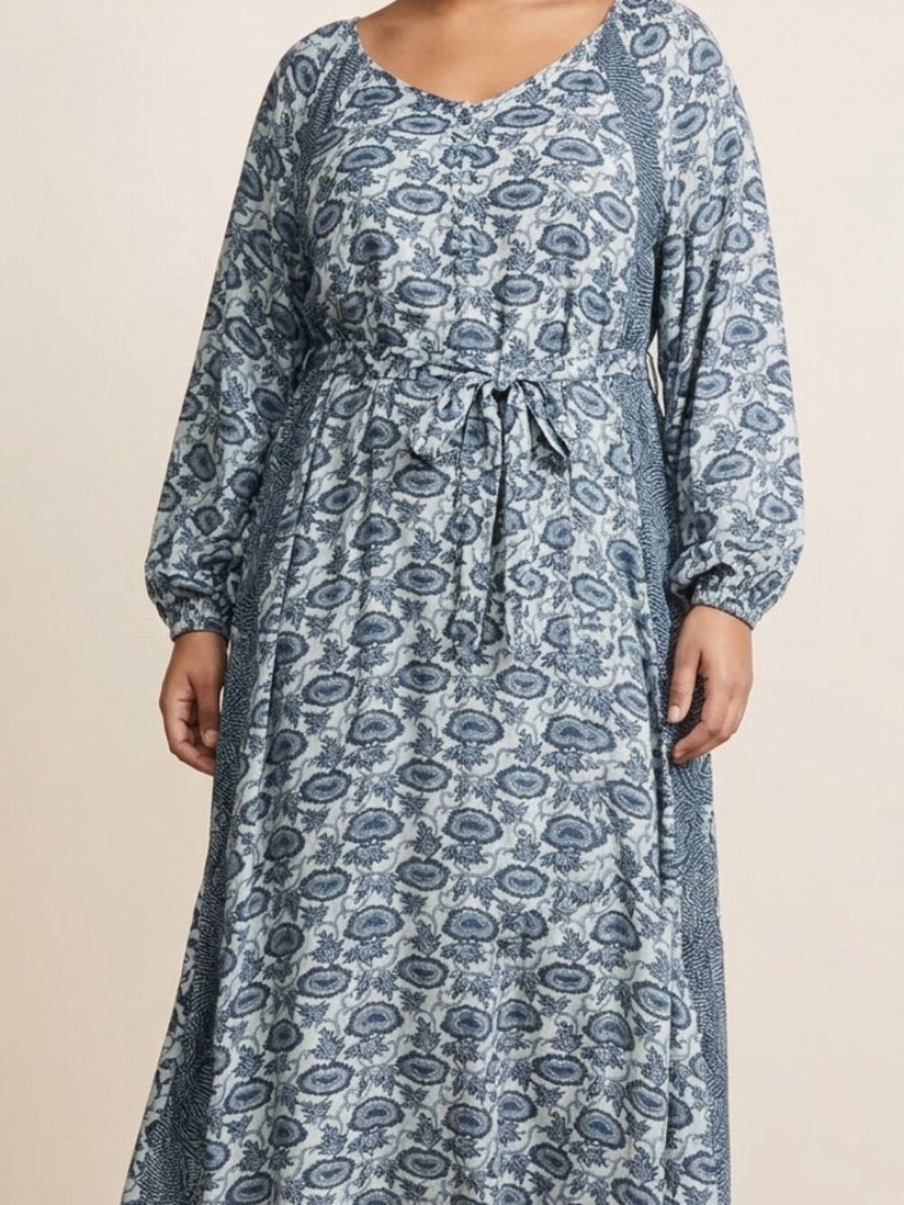 Teal Green Floral V-Neck Midi Maxi Longsleeve Dress Tie Waist 3XL Boho Modest